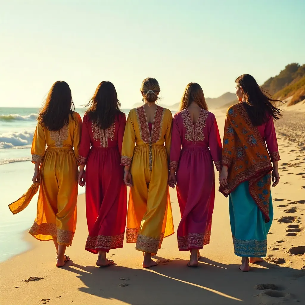Five Women in Traditional Attire on a Sandy Beach