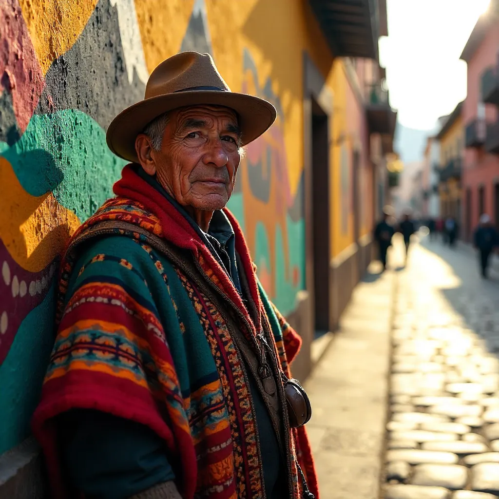 Elderly Man in Peruvian Attire by a Colorful Wall