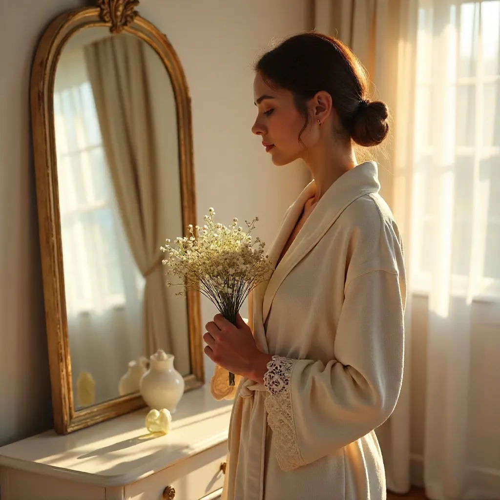 Serene Morning: Woman in Robe by Mirror