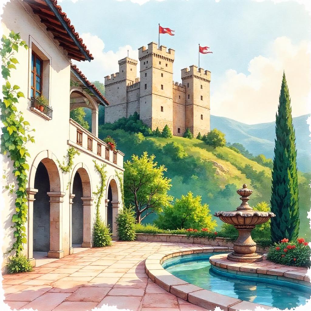 Watercolor Fortress Framed by a Luxurious Villa