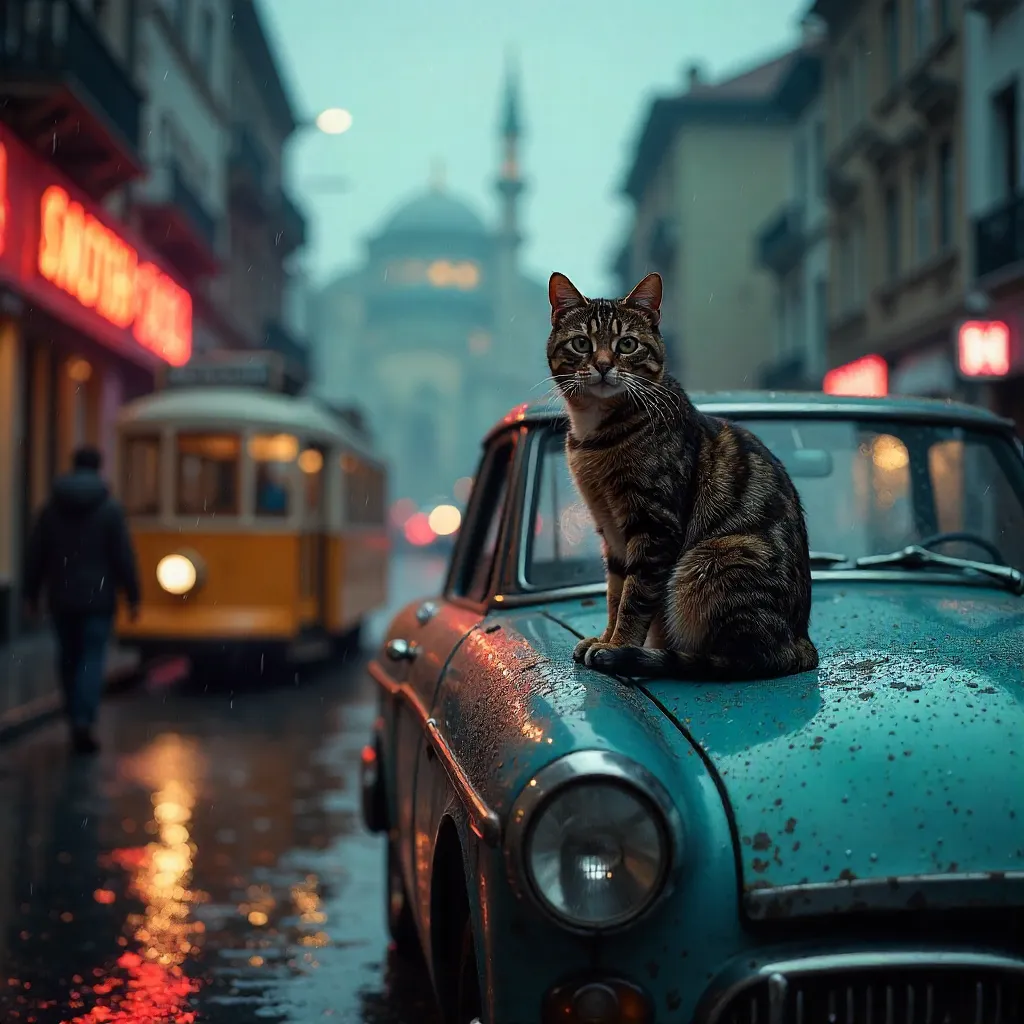 Charming Stray Cat on a Rainy Istanbul Vintage Car