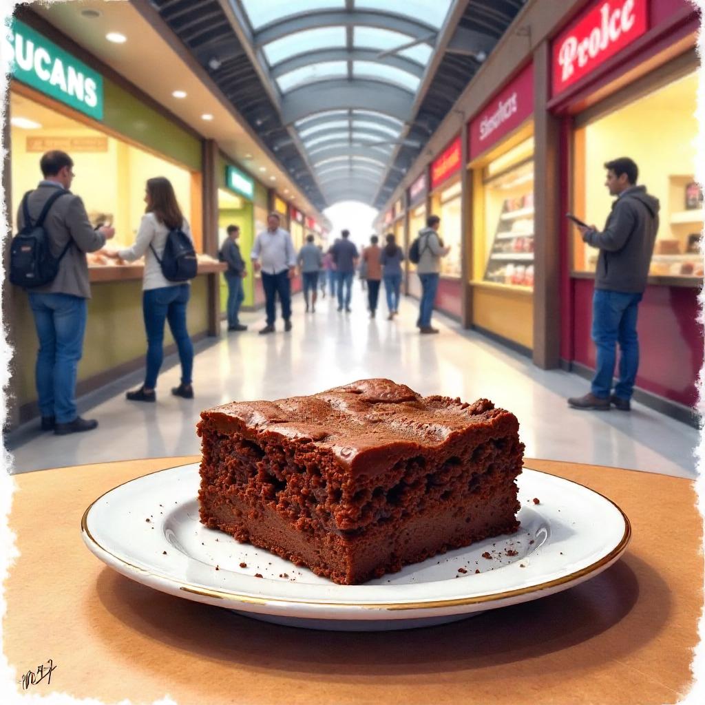 Watercolor Brownie in a Bustling Food Court