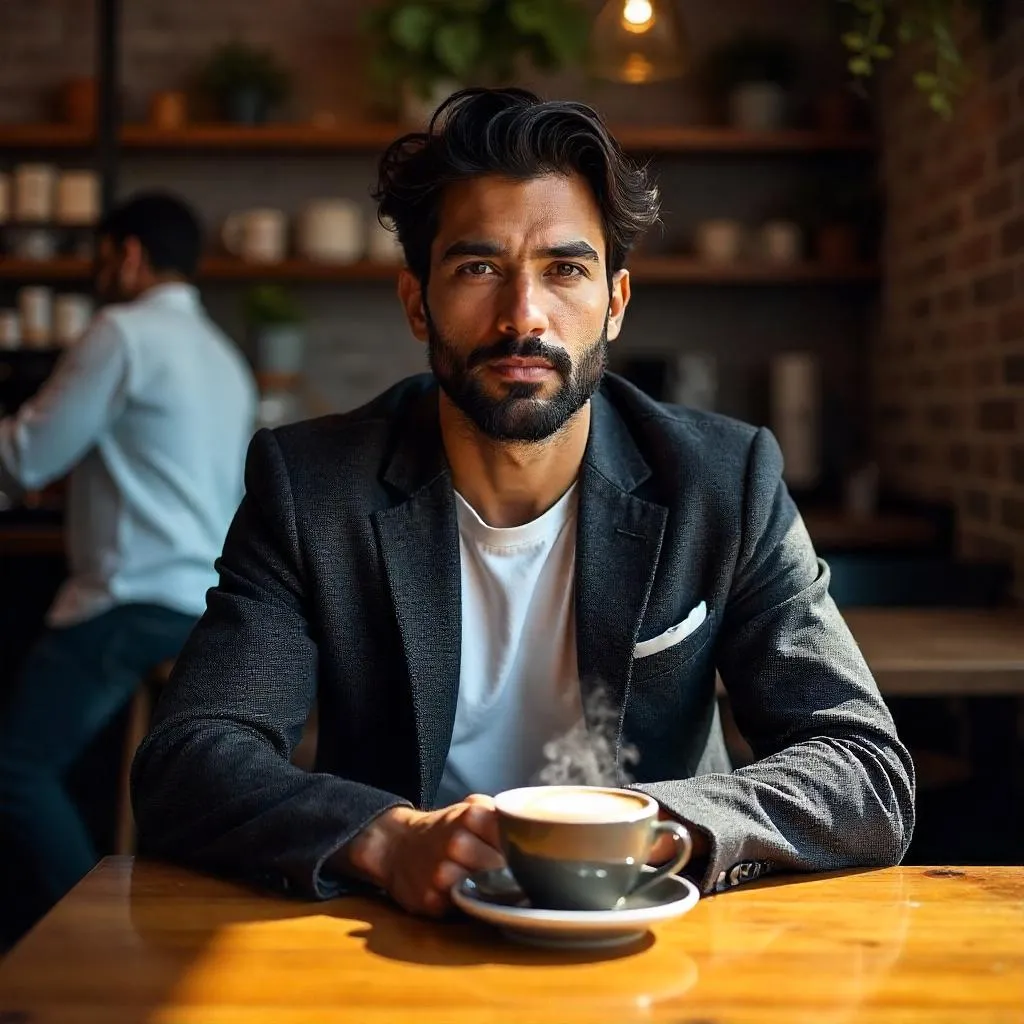 Stylish Latino Man in a Cozy Coffee Shop