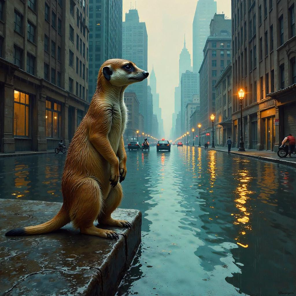 Meerkat in a Flooded City — Oil Painting