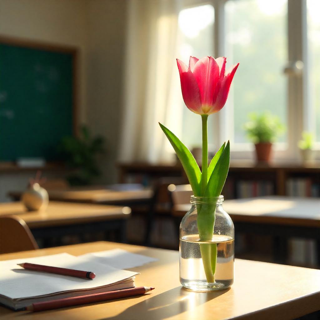 Photorealistic Flower on a Teacher's Desk in Class