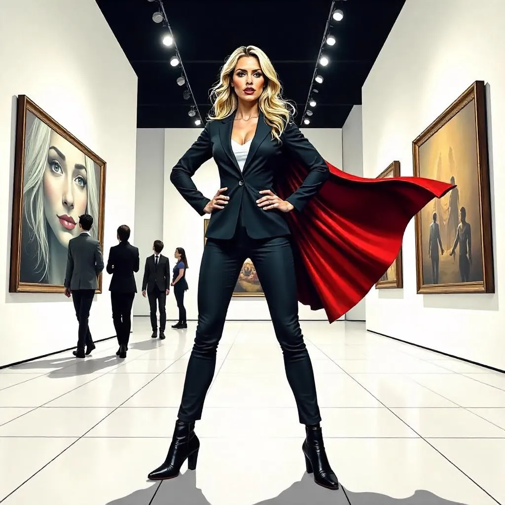 Confident White Woman in a Comic-Book Gallery Scene