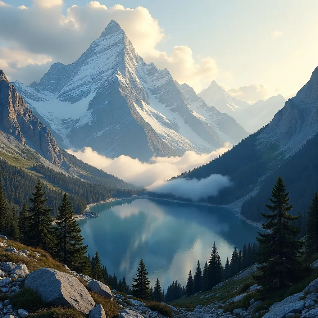 Majestic Alpine Peaks Shrouded in Clouds