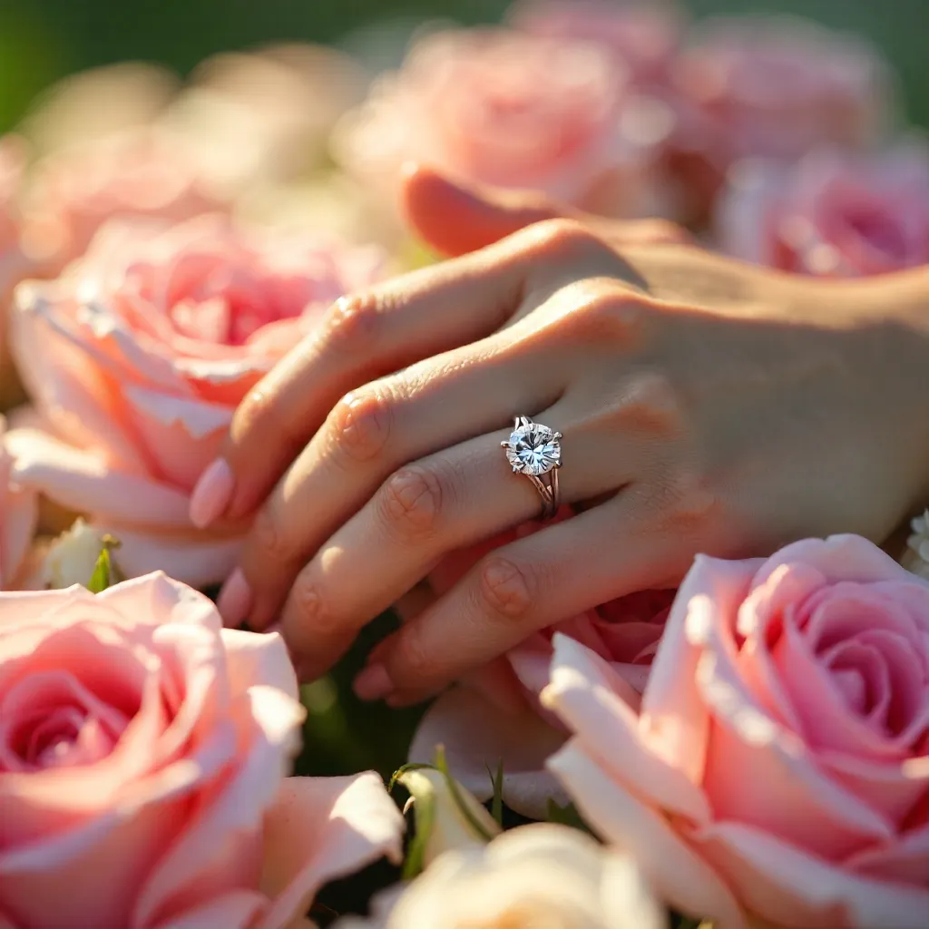Engagement Ring Resting on Pink and White Roses