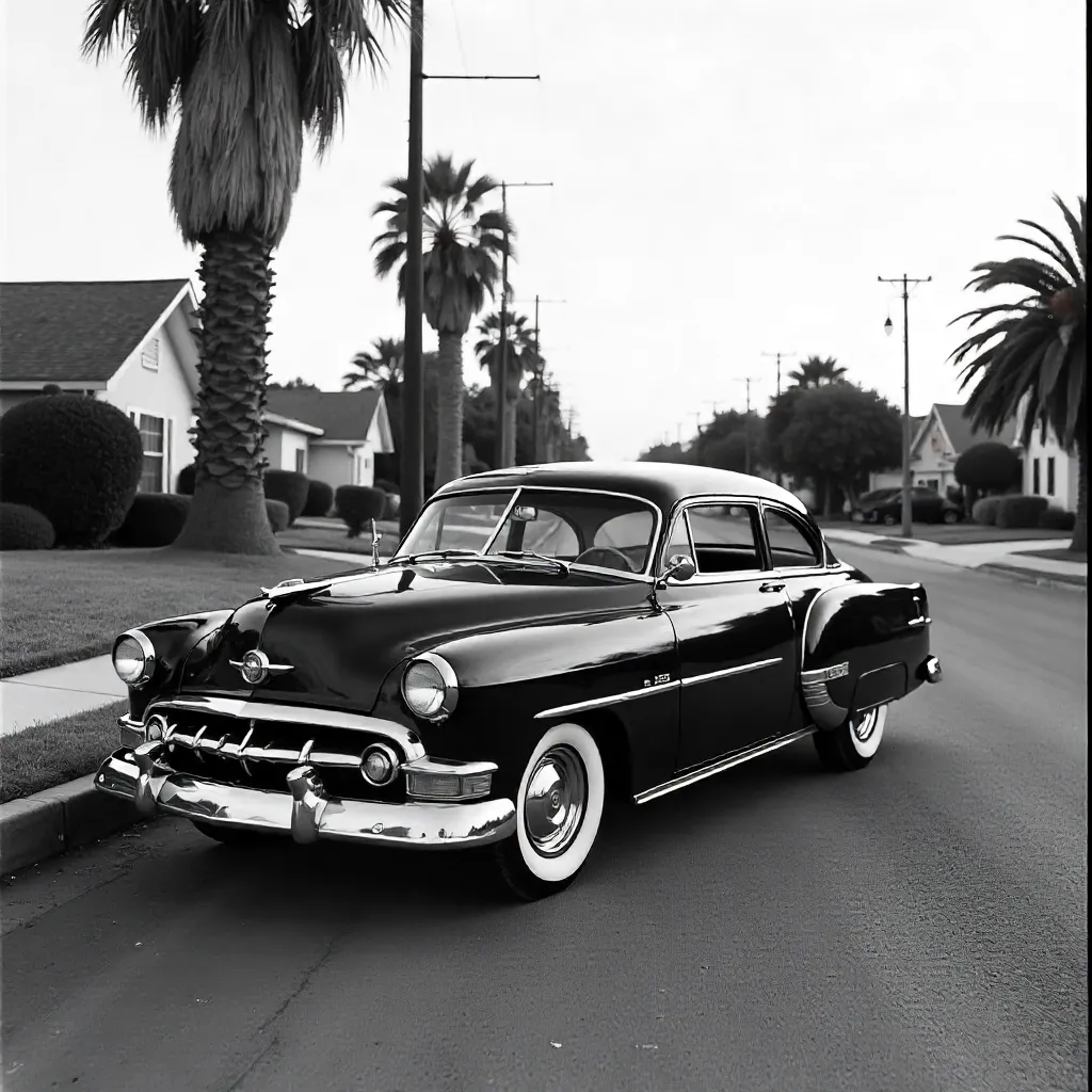 Black-and-White 1950s LA Suburban Car Photo