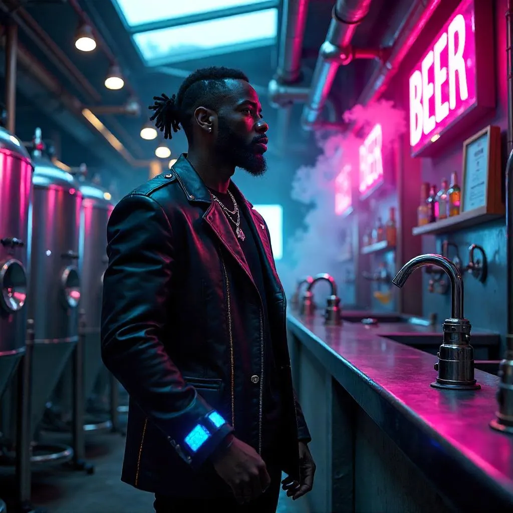 Stylish Black Man in a Cyberpunk Brewery
