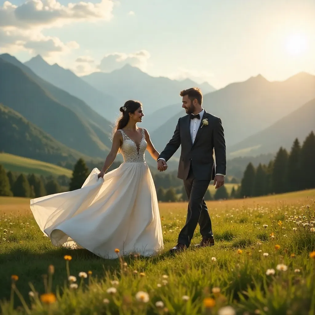 Bride and Groom Dance Amid Mountain Landscape