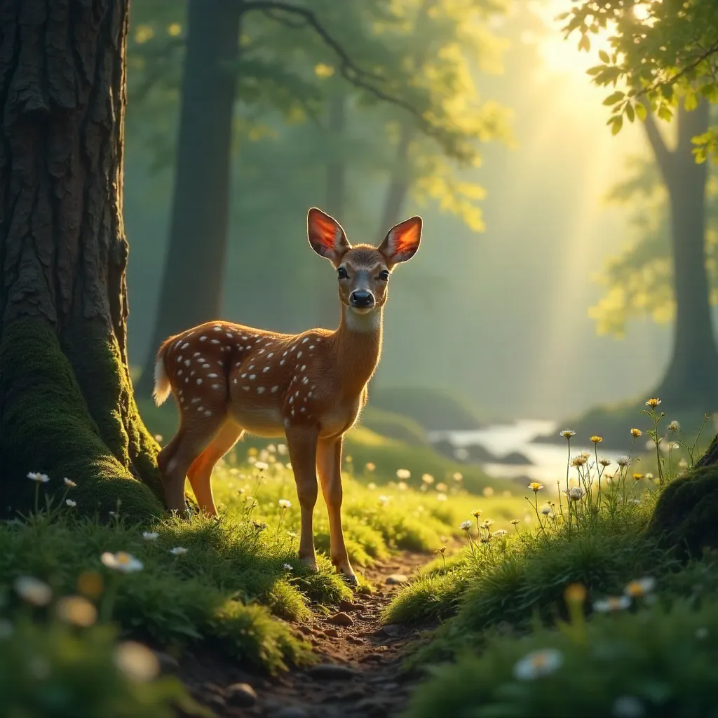 Young deer in a tranquil forest clearing at dawn