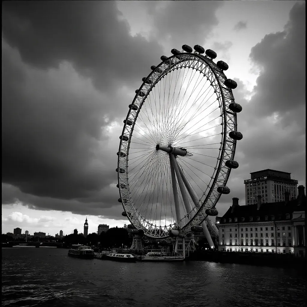 Moody Black-and-White London Eye at Dusk
