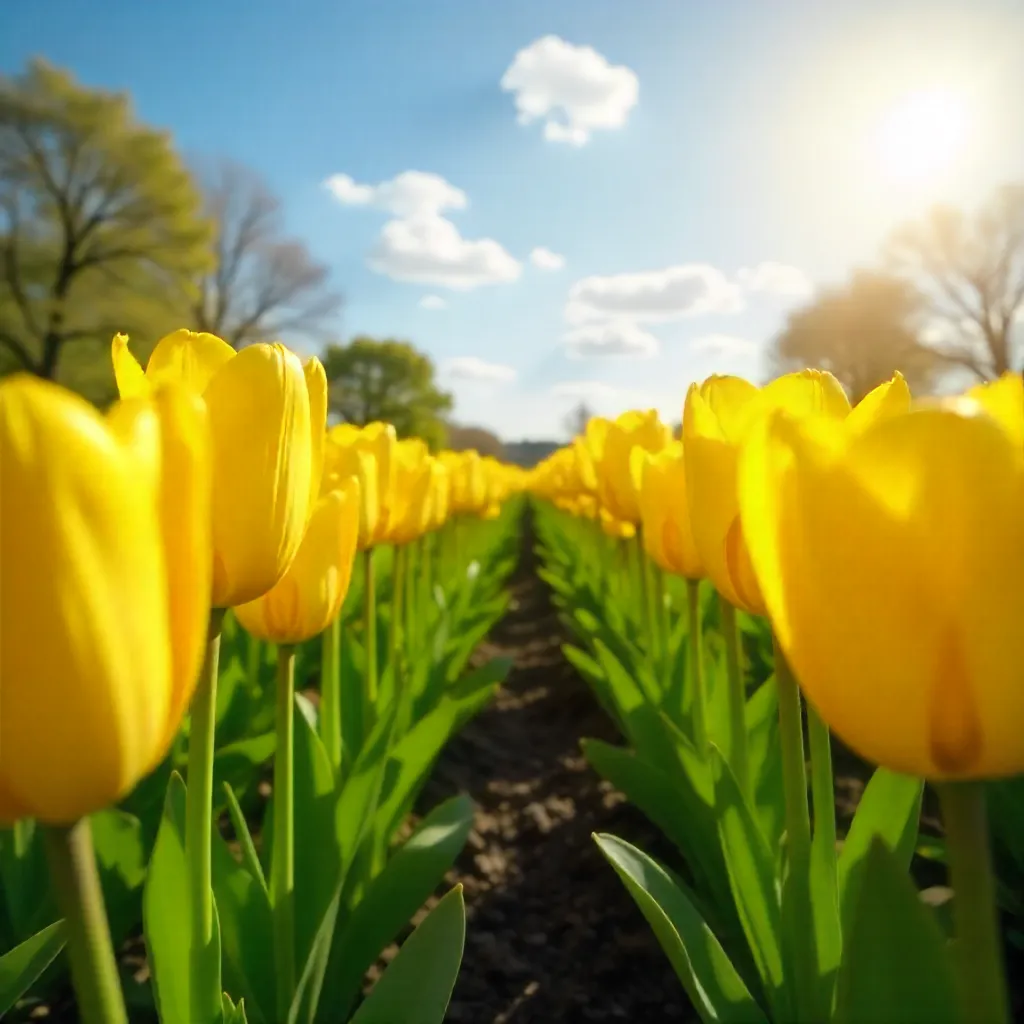 Sunlit Field of Yellow Tulips in Spring
