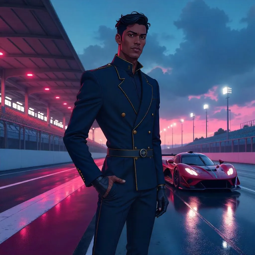 Elegant Black Man in Anime Style at a Racing Track