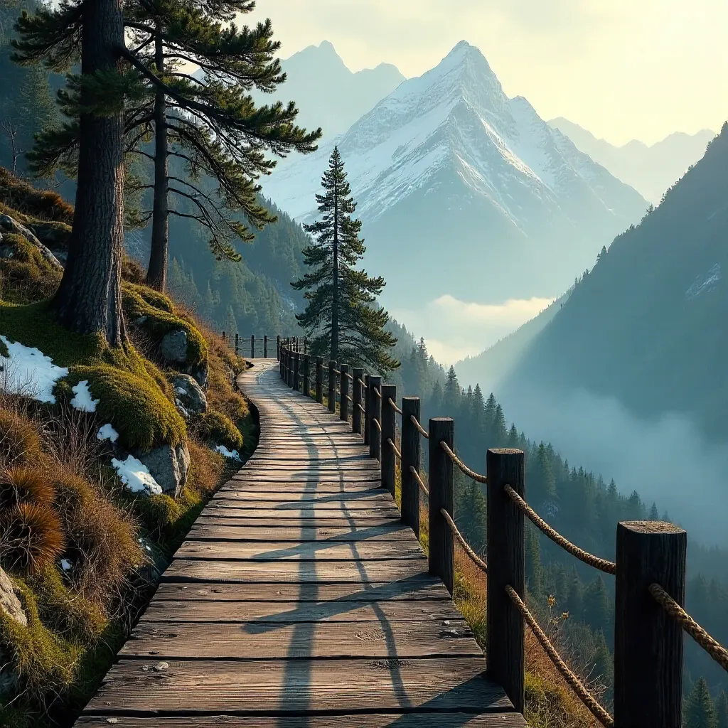 Wooden boardwalk through misty mountain forest