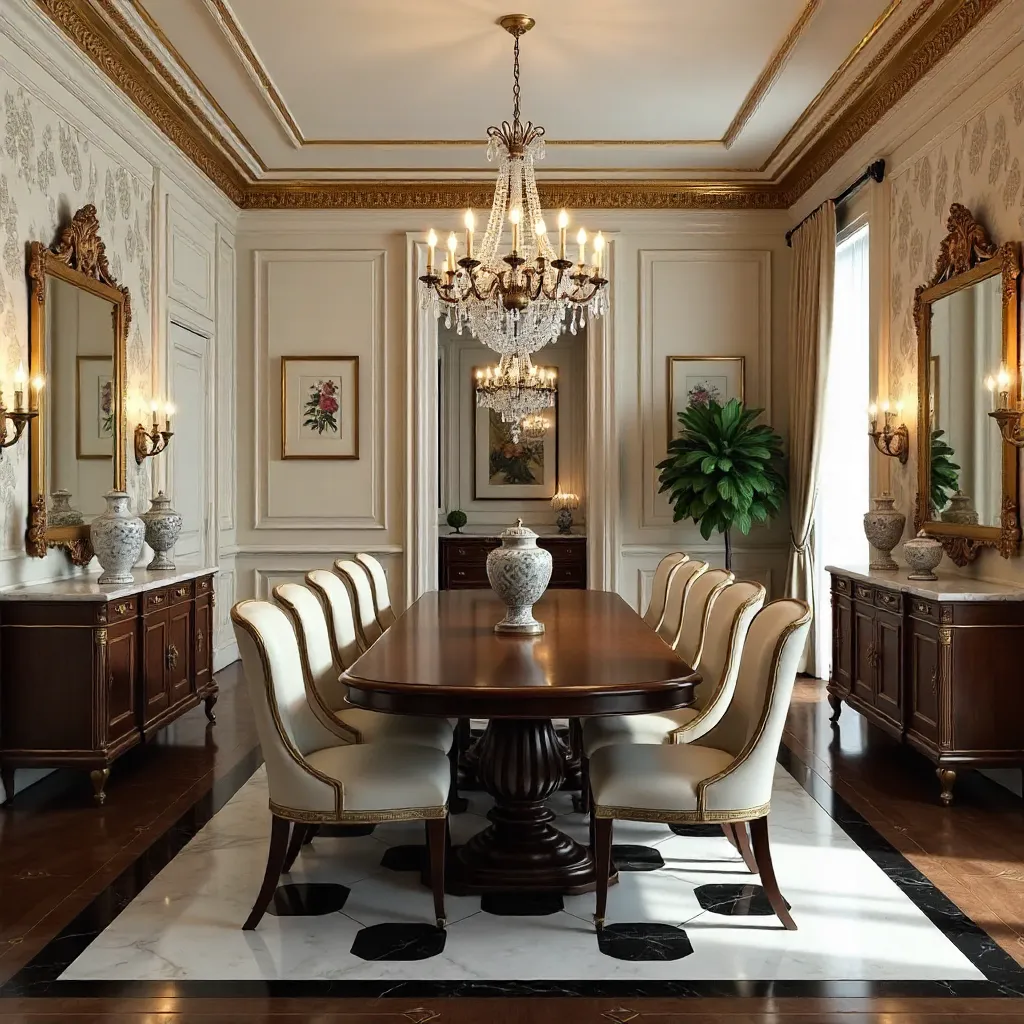 Elegant Vintage Dining Room with Chandelier and Checkered Floor