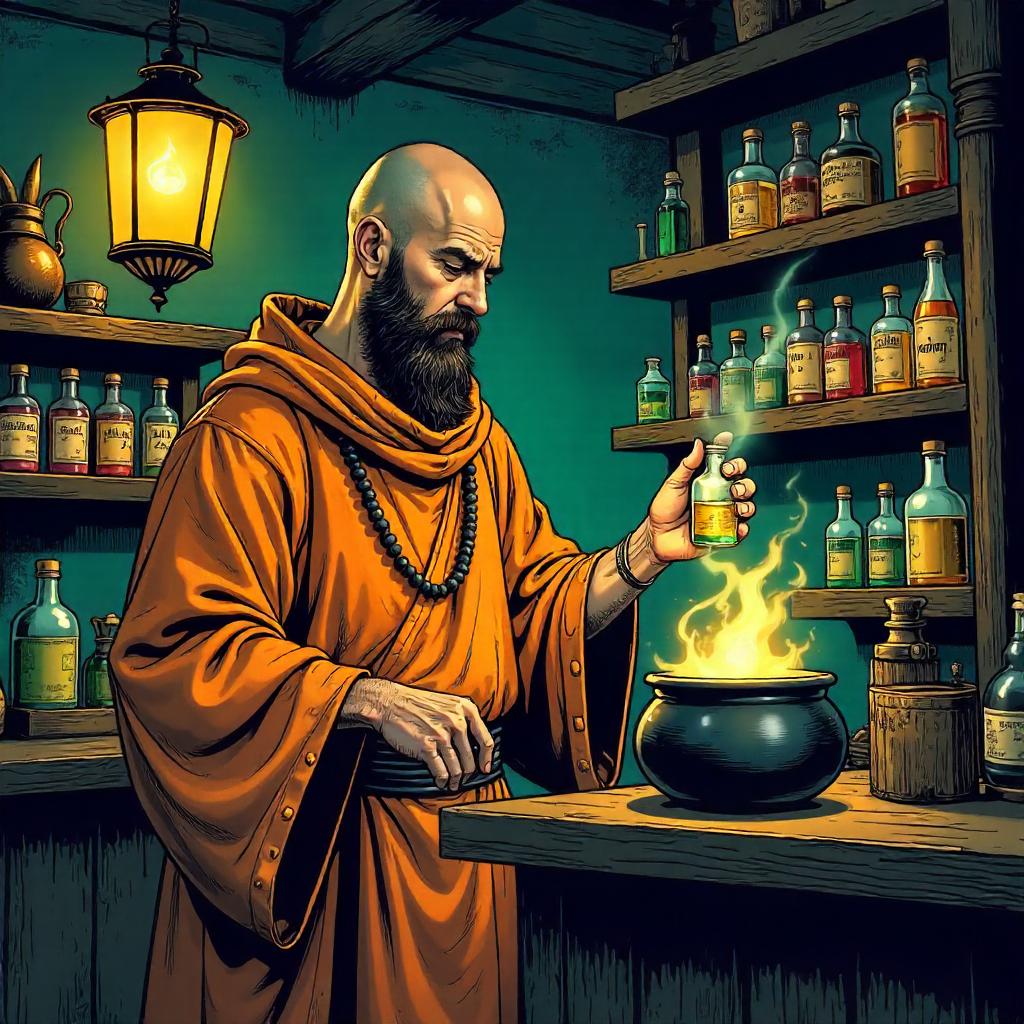 Monk in a Potion Shop - Comic Book Style