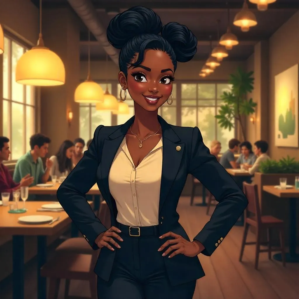 Empowered Black Woman in an Anime Restaurant