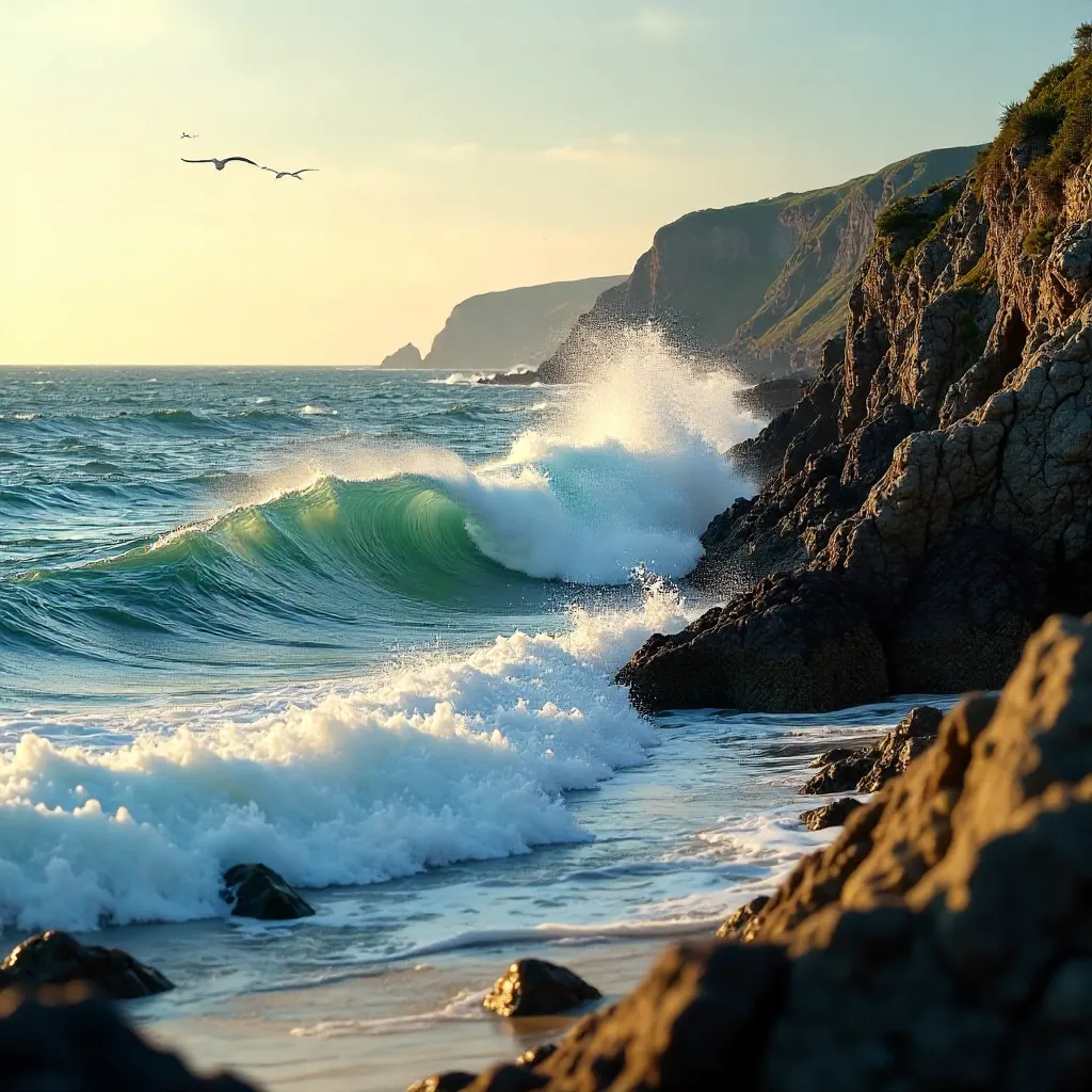 Waves Crashing on a Rugged Rocky Shore at Golden Hour