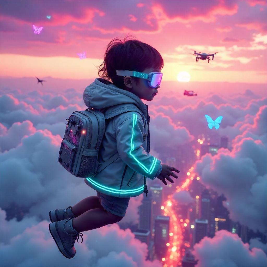 Floating Child in Neon Clouds: Cyberpunk Dream