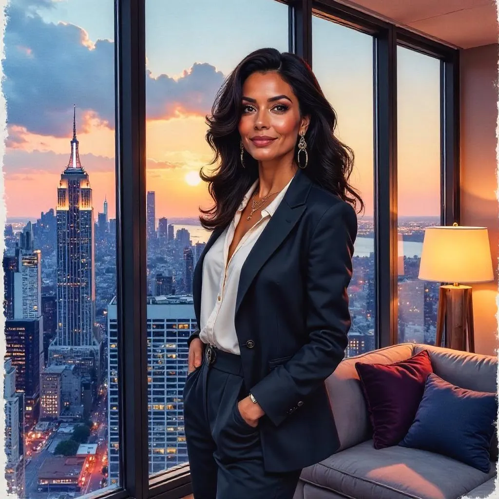 Confident Latina in a Watercolor Penthouse