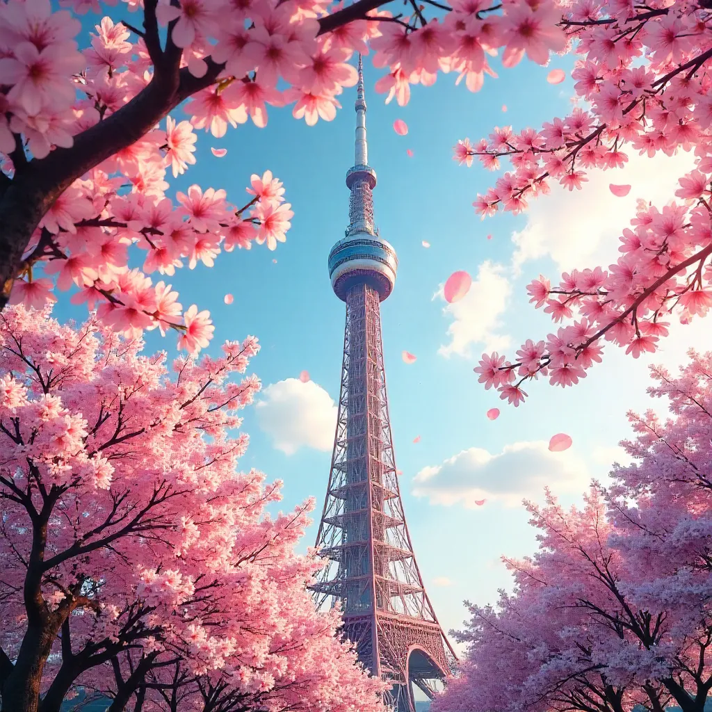 Vibrant Skytree Amid Sakura Blossoms in Sumida