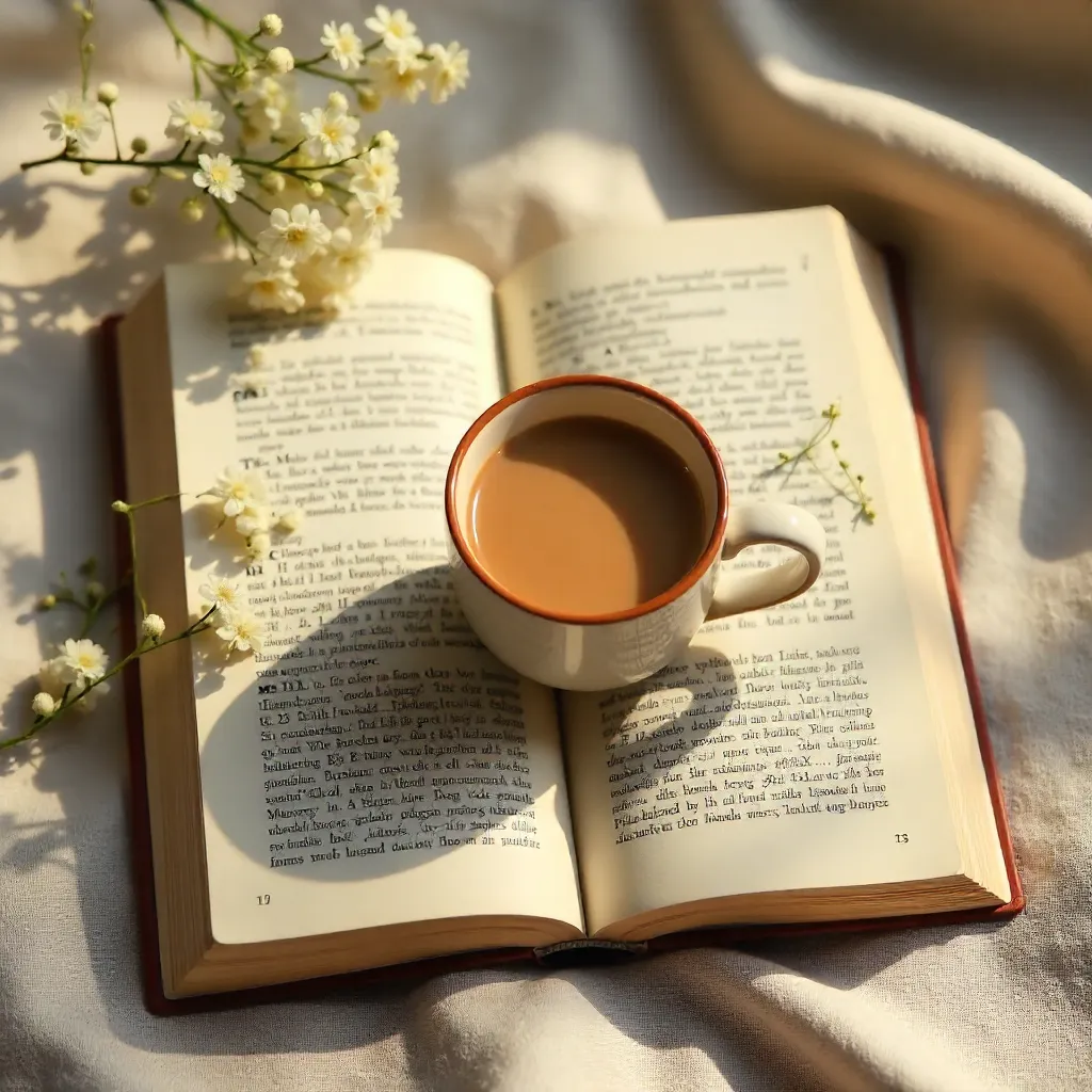 Cozy Flat Lay: Coffee Cup on Open Book with White Flowers