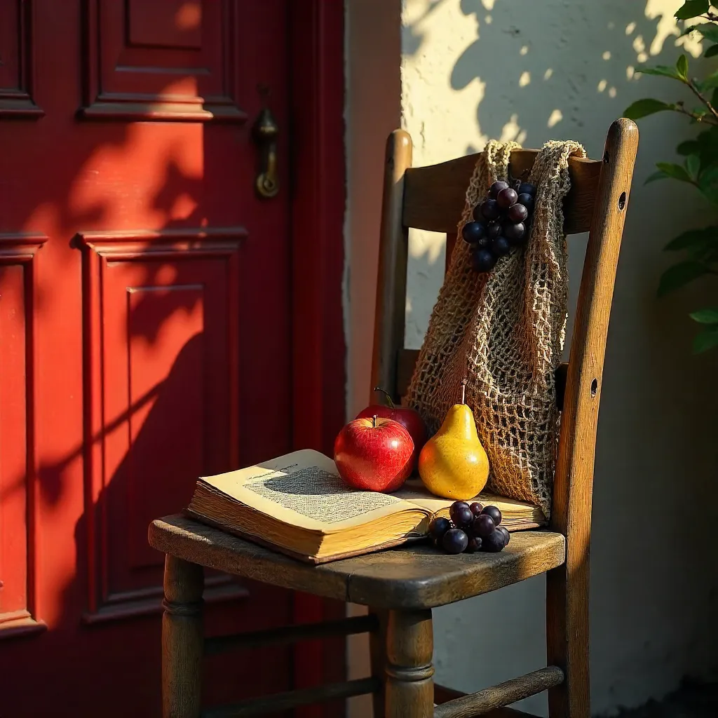 Rustic Chair, Book, and Net Bag by Red Door