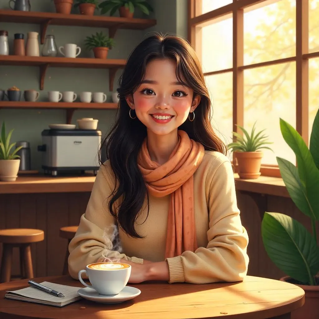 Cheerful Young Asian Woman in a Cozy Coffee Shop