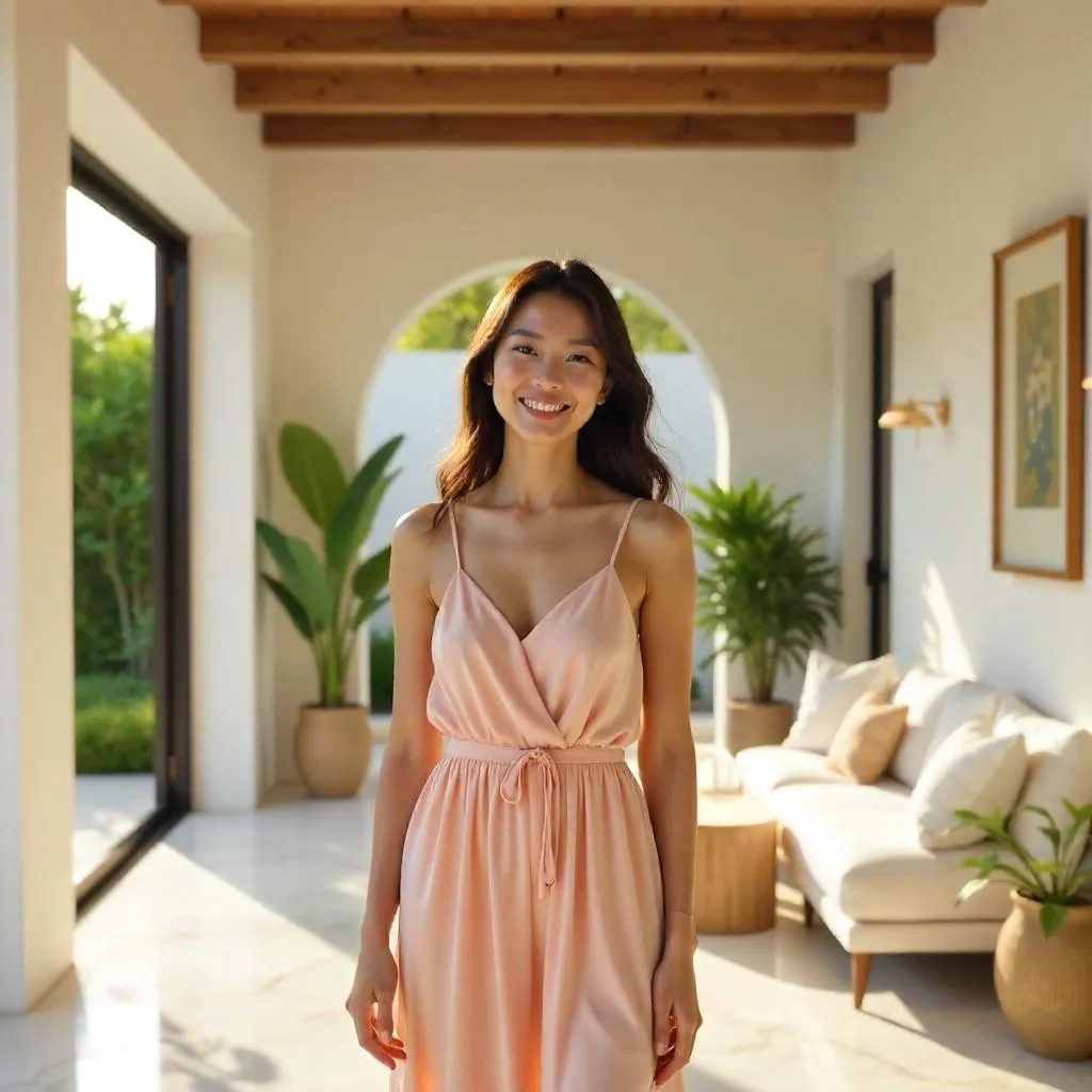 Cheerful Asian Woman in a Sunlit Villa