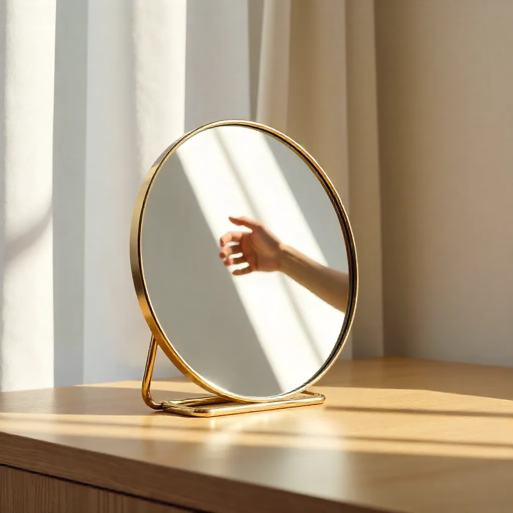 Round Mirror Reflection on Wood Table — Minimalist Room
