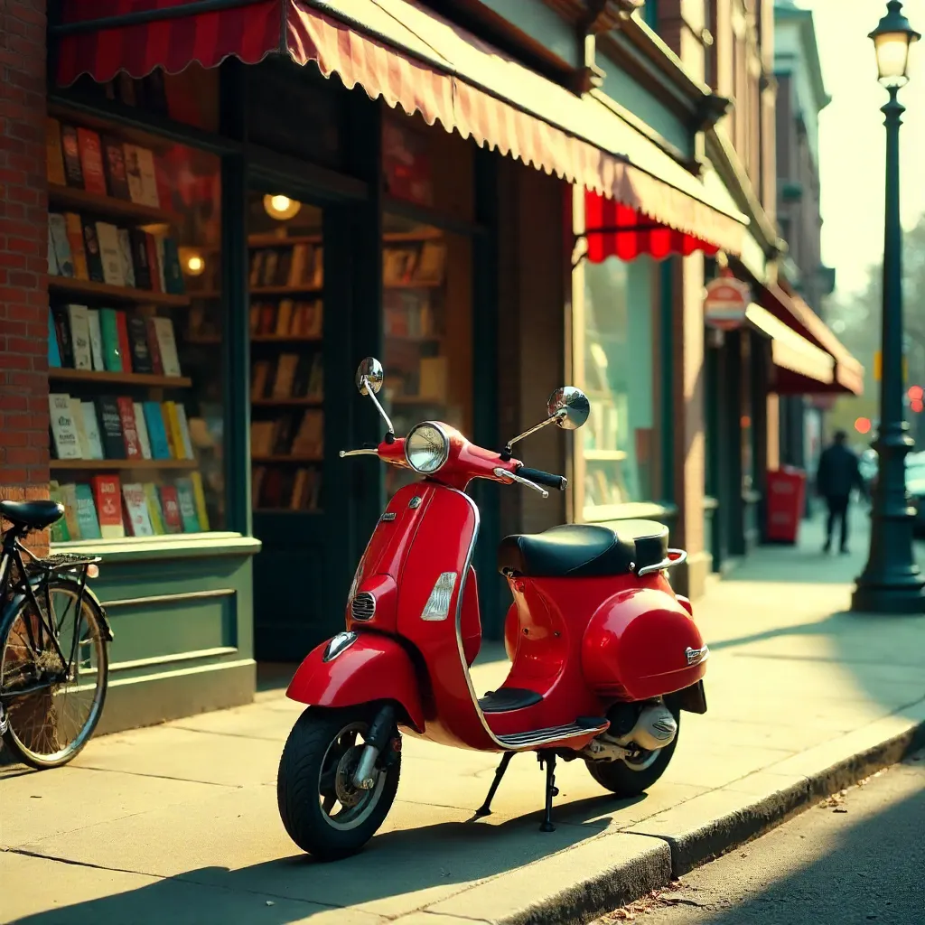 Red Vintage Scooter by a Sunlit Bookstore Facade