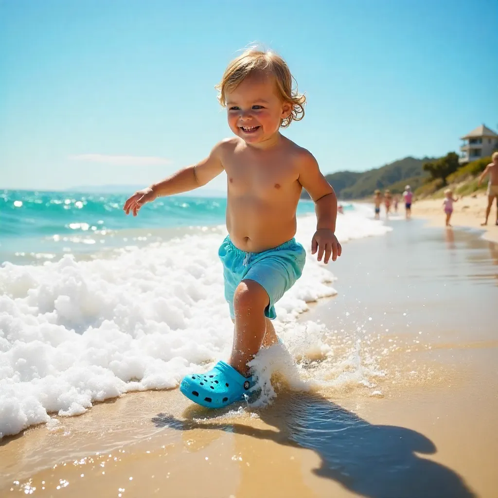 Sunlit Beach Fun with Blue Crocs