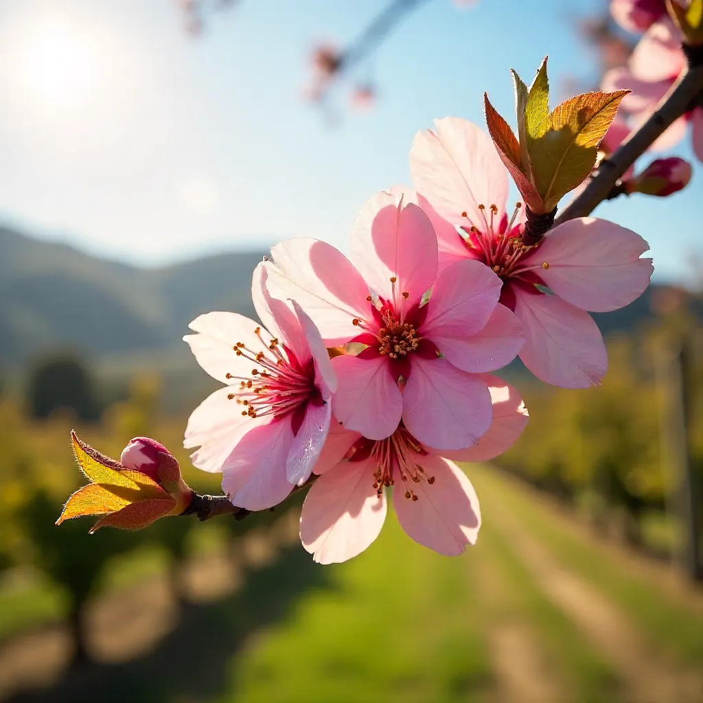 Close-Up Pink Peach Blossoms in Napa Valley Spring