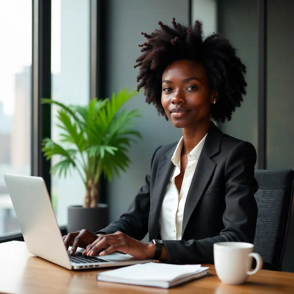 Photorealistic Black Woman in a Modern Workspace