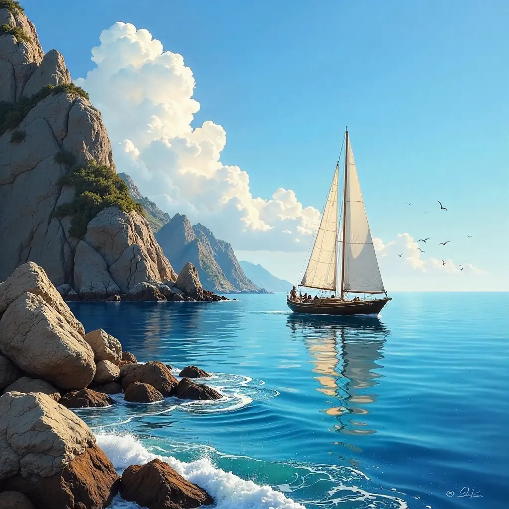 Tranquil Sailboat by Rocky Shore under Blue Sky