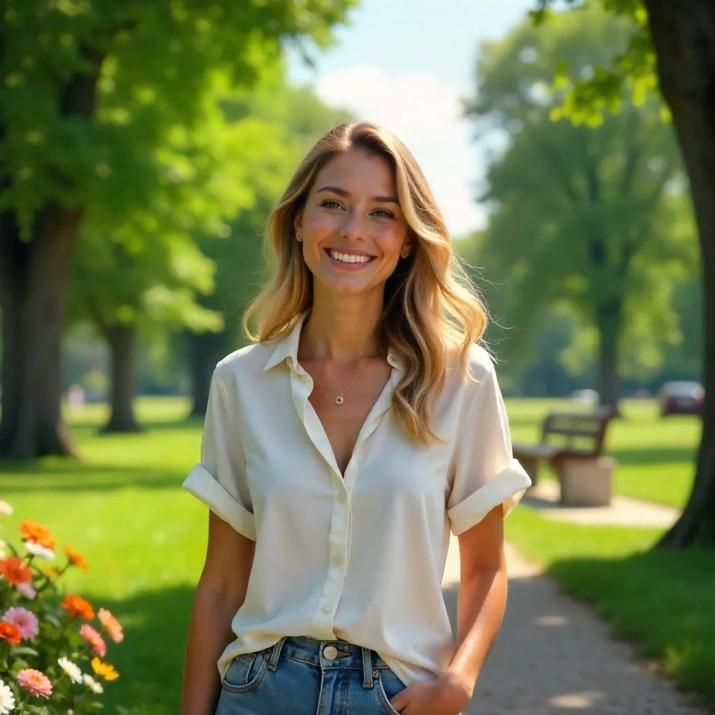 Cheerful White Woman in a Sunny Park