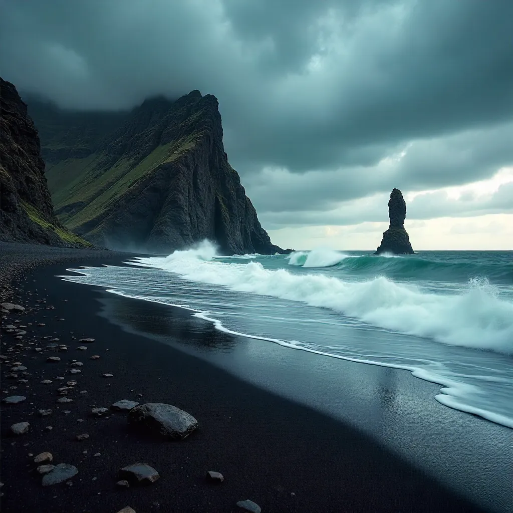 Moody Reynisdrangar Sea Stacks Under Cloudy Sky