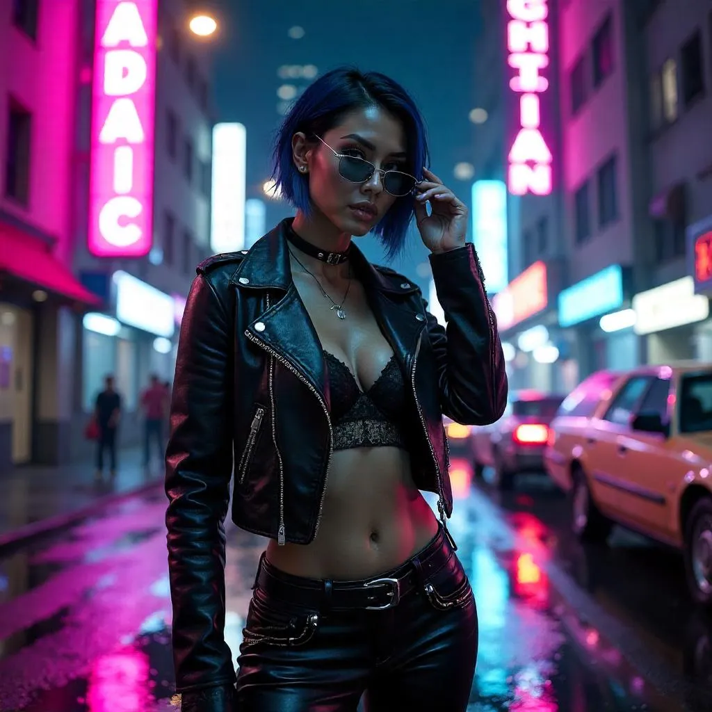 Neon-Lit Cyberpunk Latina in Downtown
