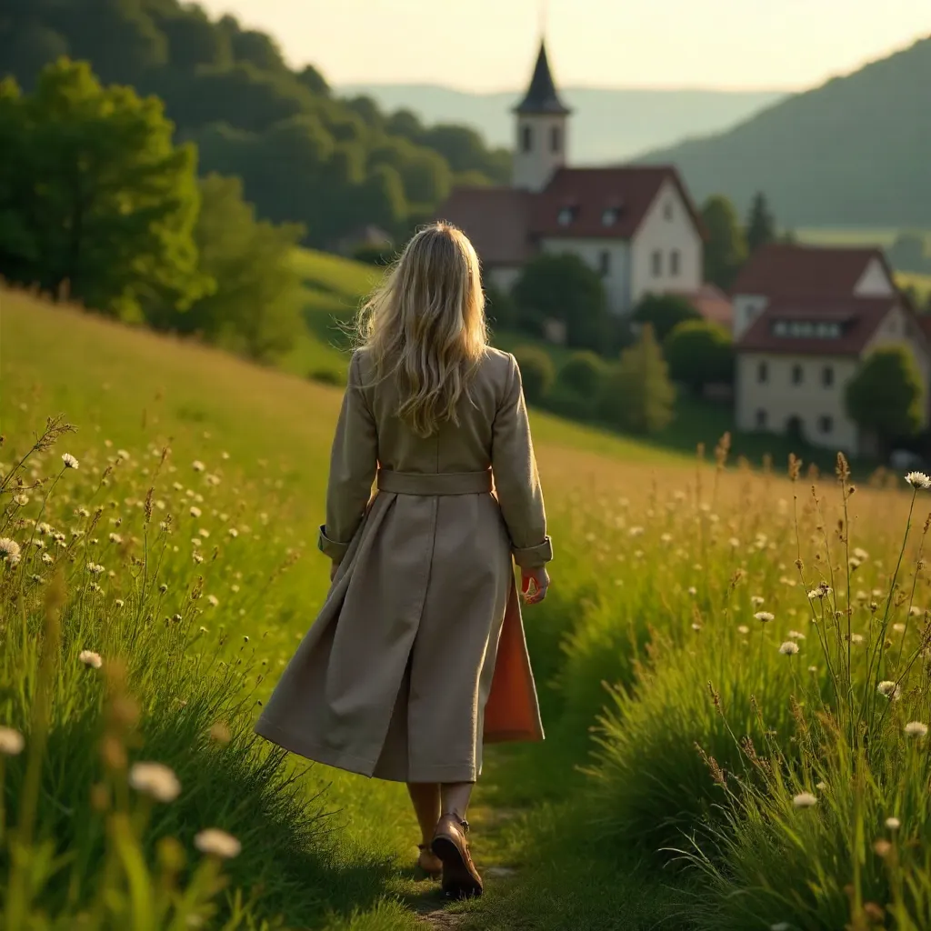 Blonde Woman in a Coat Overlooking Verdant Village