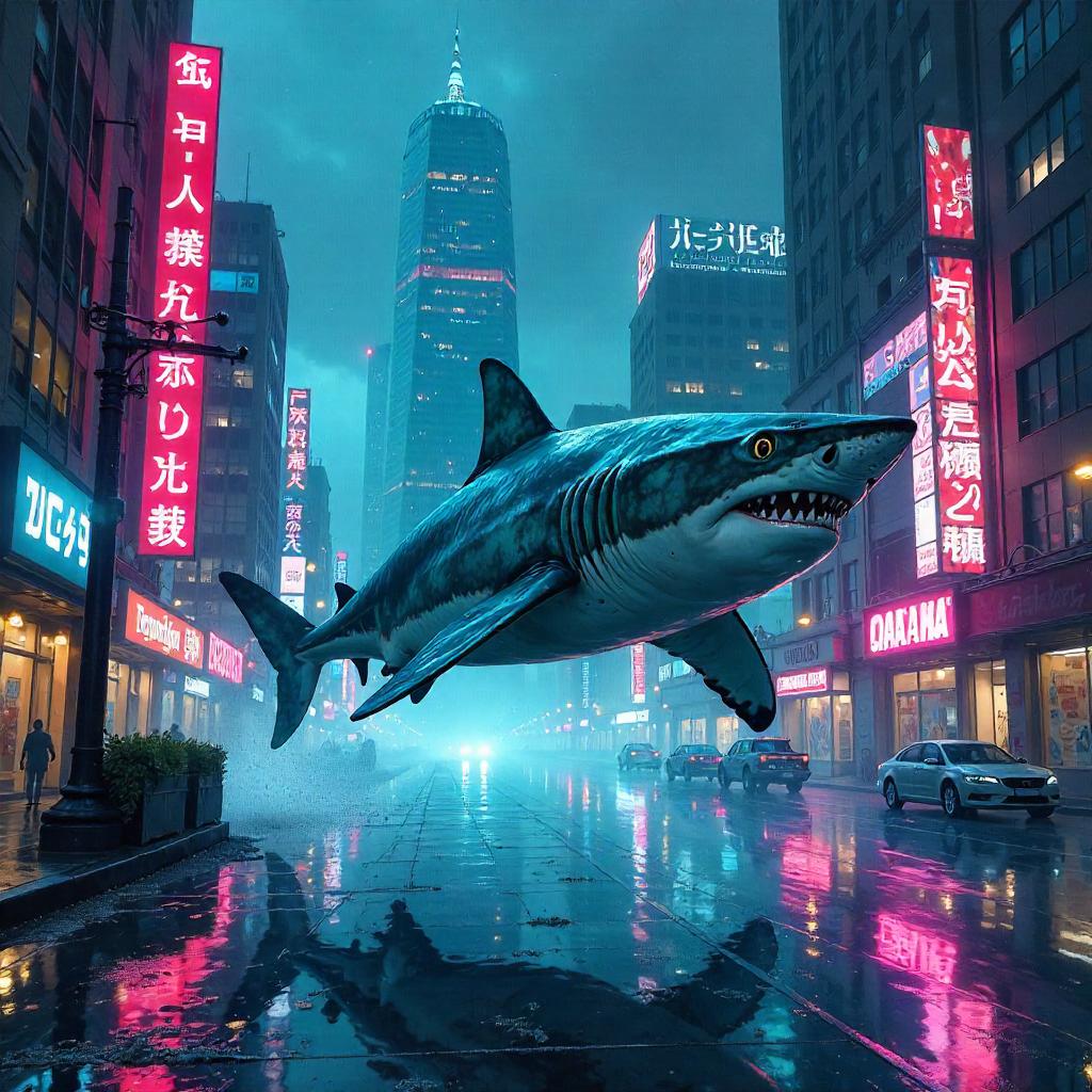 Neon Shark in a Flooded Cyberpunk City