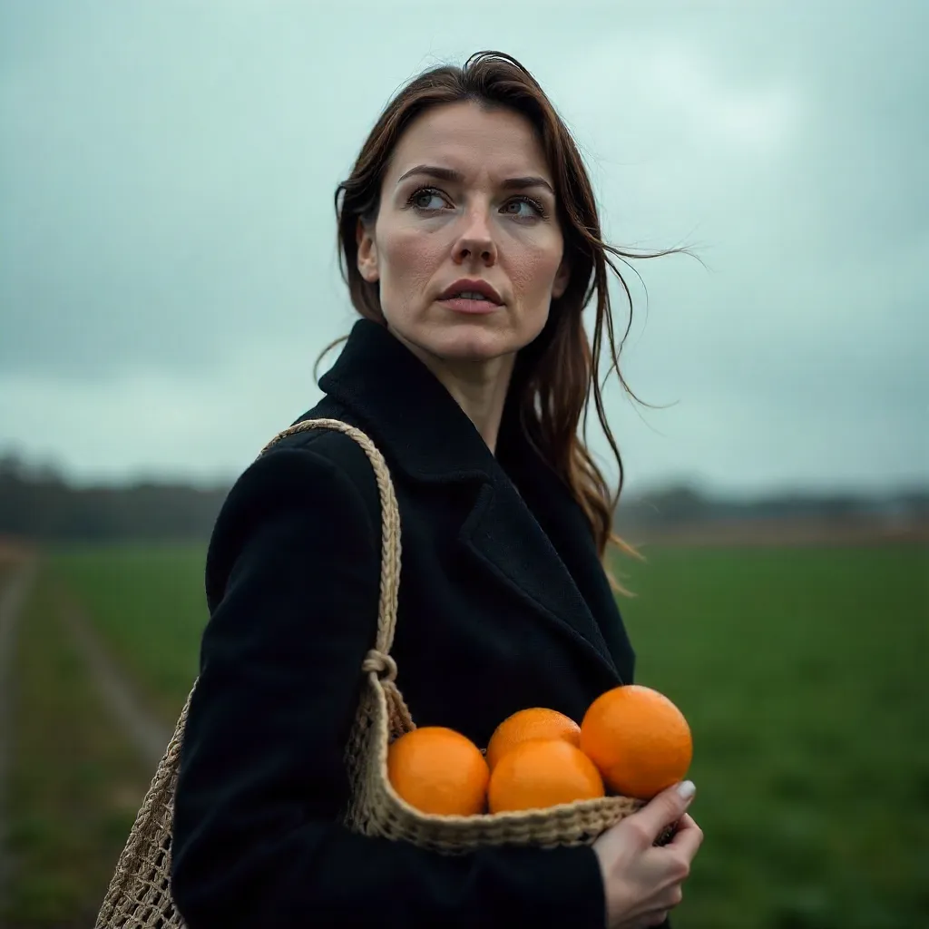 Thoughtful Woman with Oranges under Cloudy Sky