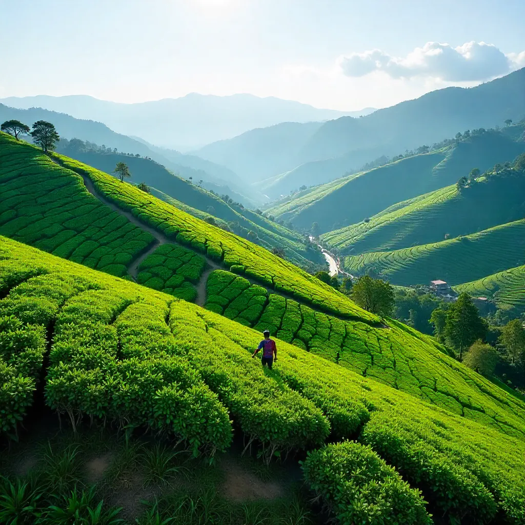 Aerial Tea Plantation: Emerald Rows & Workers