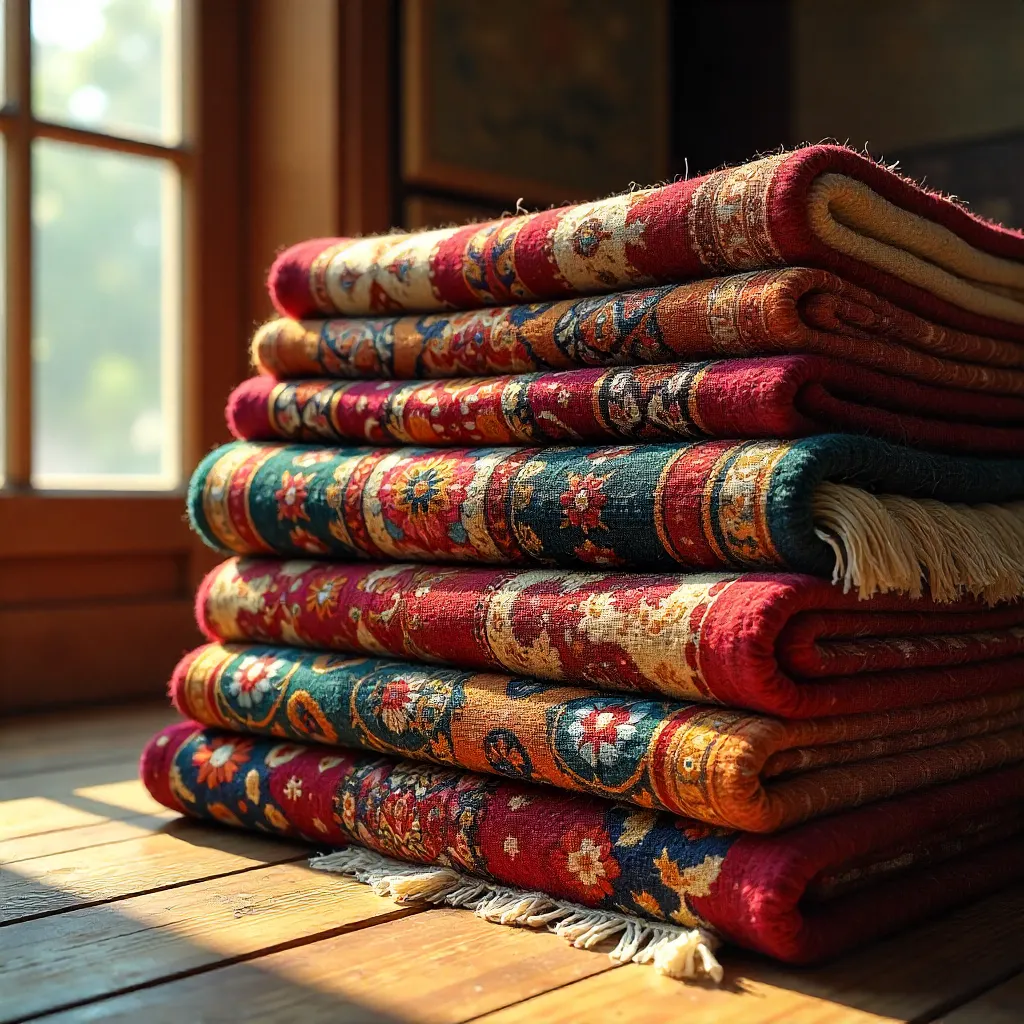 Vibrant Persian Rug Stack: Intricate Patterns & Textures