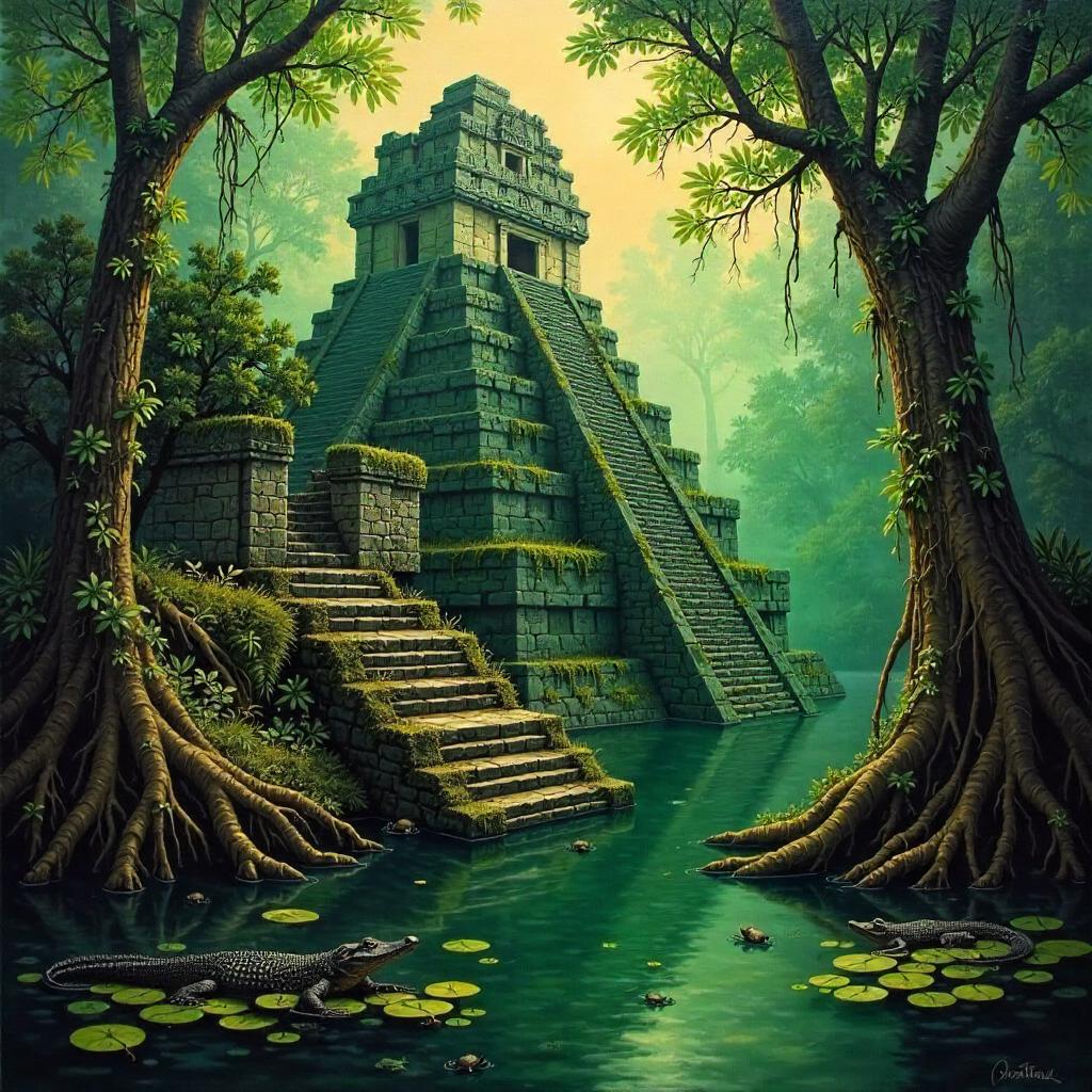 Oil Painting: Swamp and Maya Ruins at Dusk