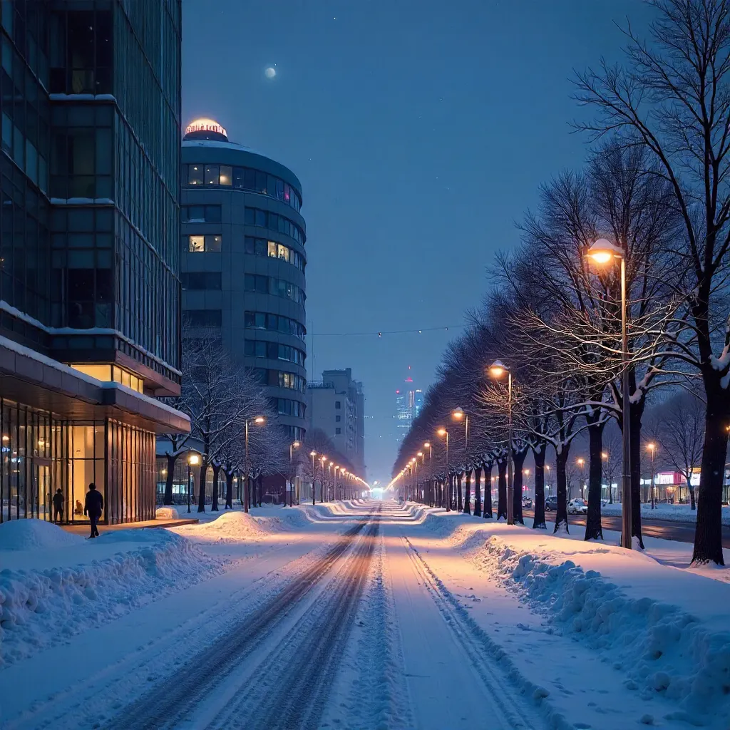 Serene Snowy Street in Astana at Night