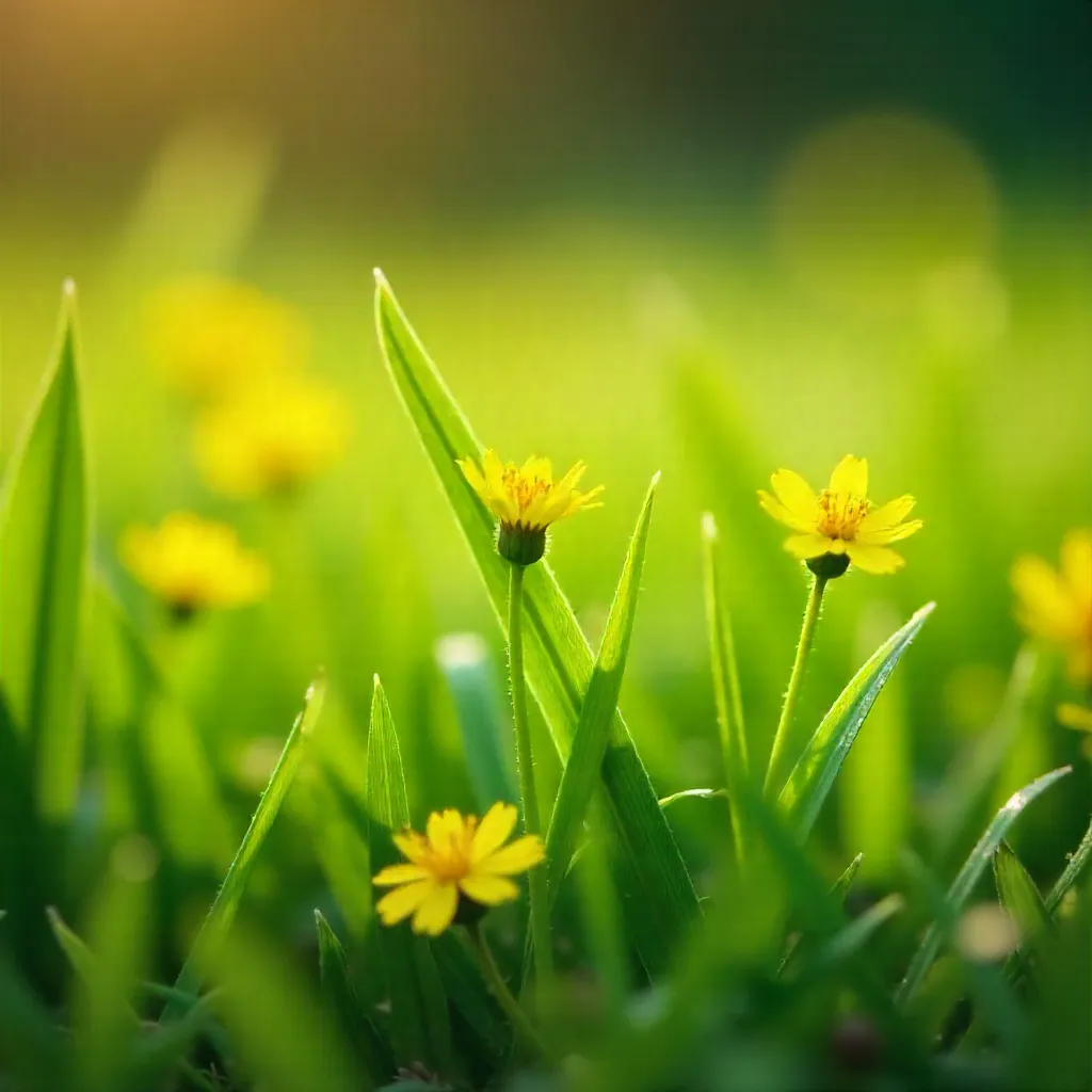 Macro Close-Up: Green Grass and Yellow Wildflowers in Spring Meadow