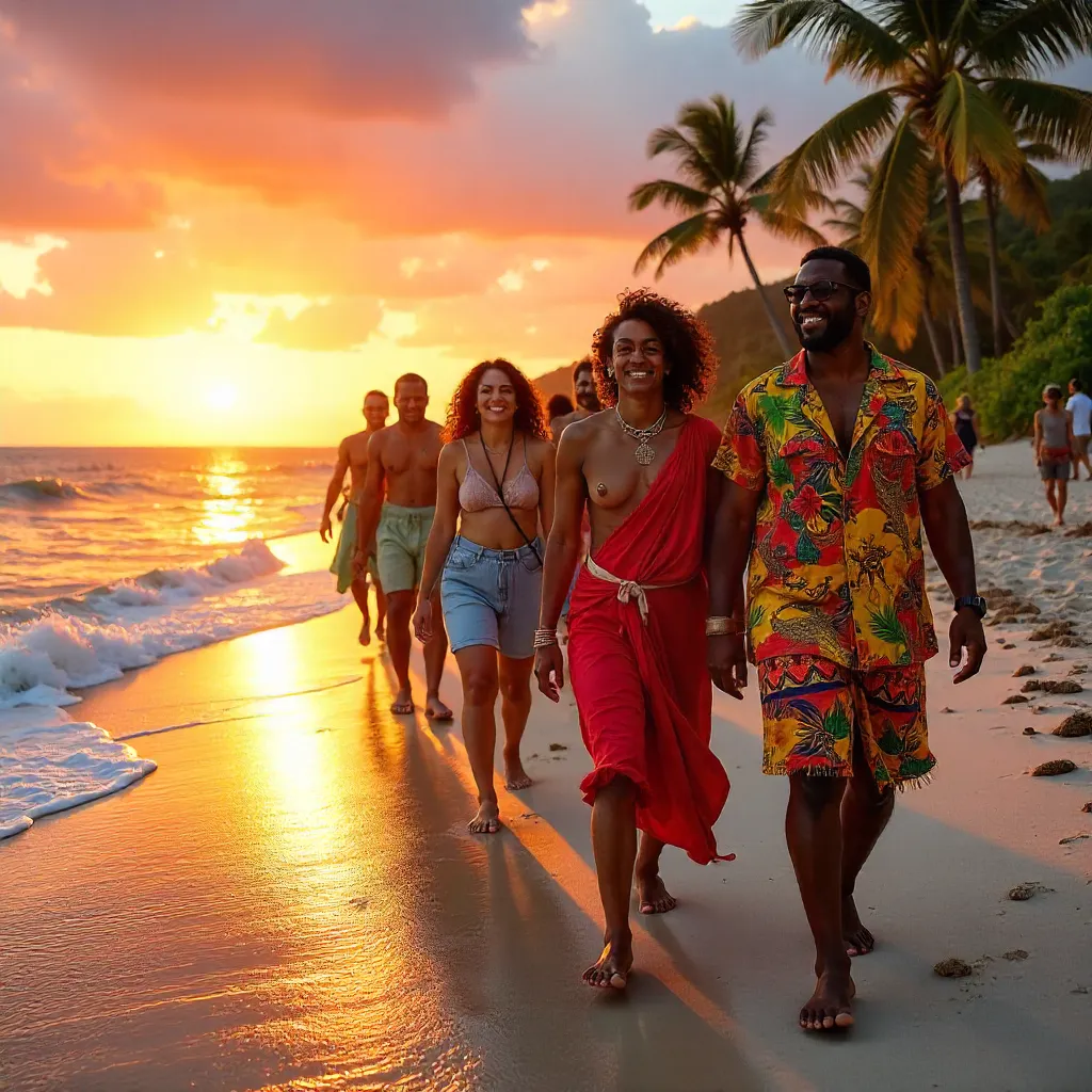 Sunset Beach Parade in Colorful Attire