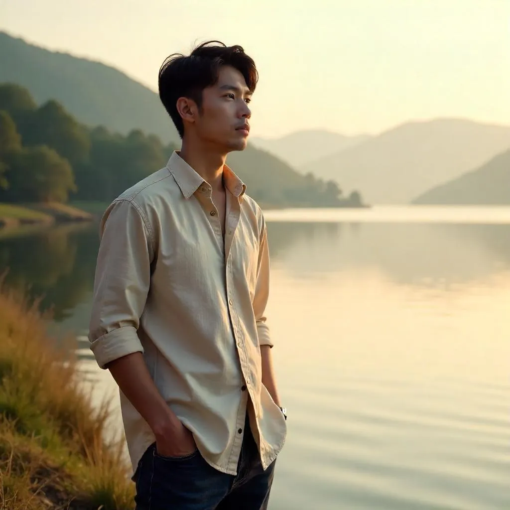 Photorealistic Portrait: Young Asian Man by a Tranquil Lake